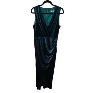 Ababalaya Emerald Green Velvet Wrap Midi Dress XL Sleeveless V Neck Drape Ruched